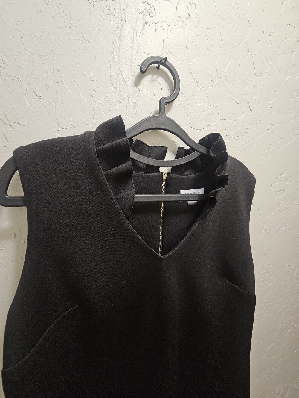 Calvin Klein Black Sheath Dress Size 12 | Ruffle Neck | Gold Back Zip - Picture 3 of 5